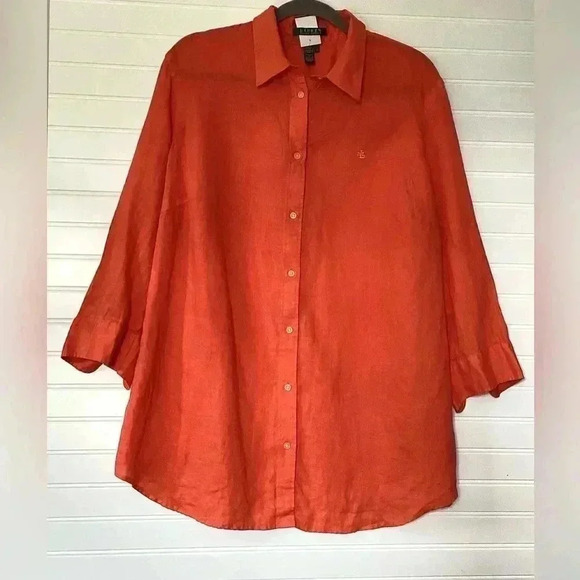 Lauren Ralph Lauren Orange 100% Linen 3/4 Sleeve Casual Button Up Shirt Size 1X - Picture 1 of 11